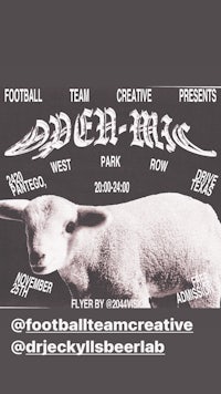 a poster for open mic with a sheep on it